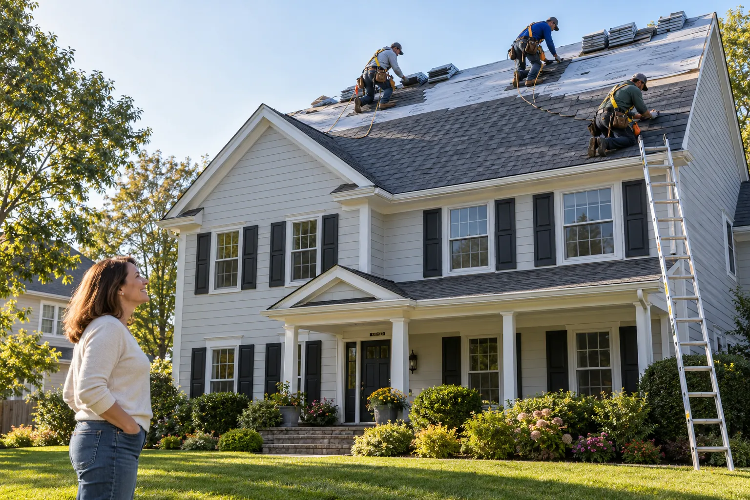 A local roofing provider replacing shingles on a colonial home in the Gaithersburg area